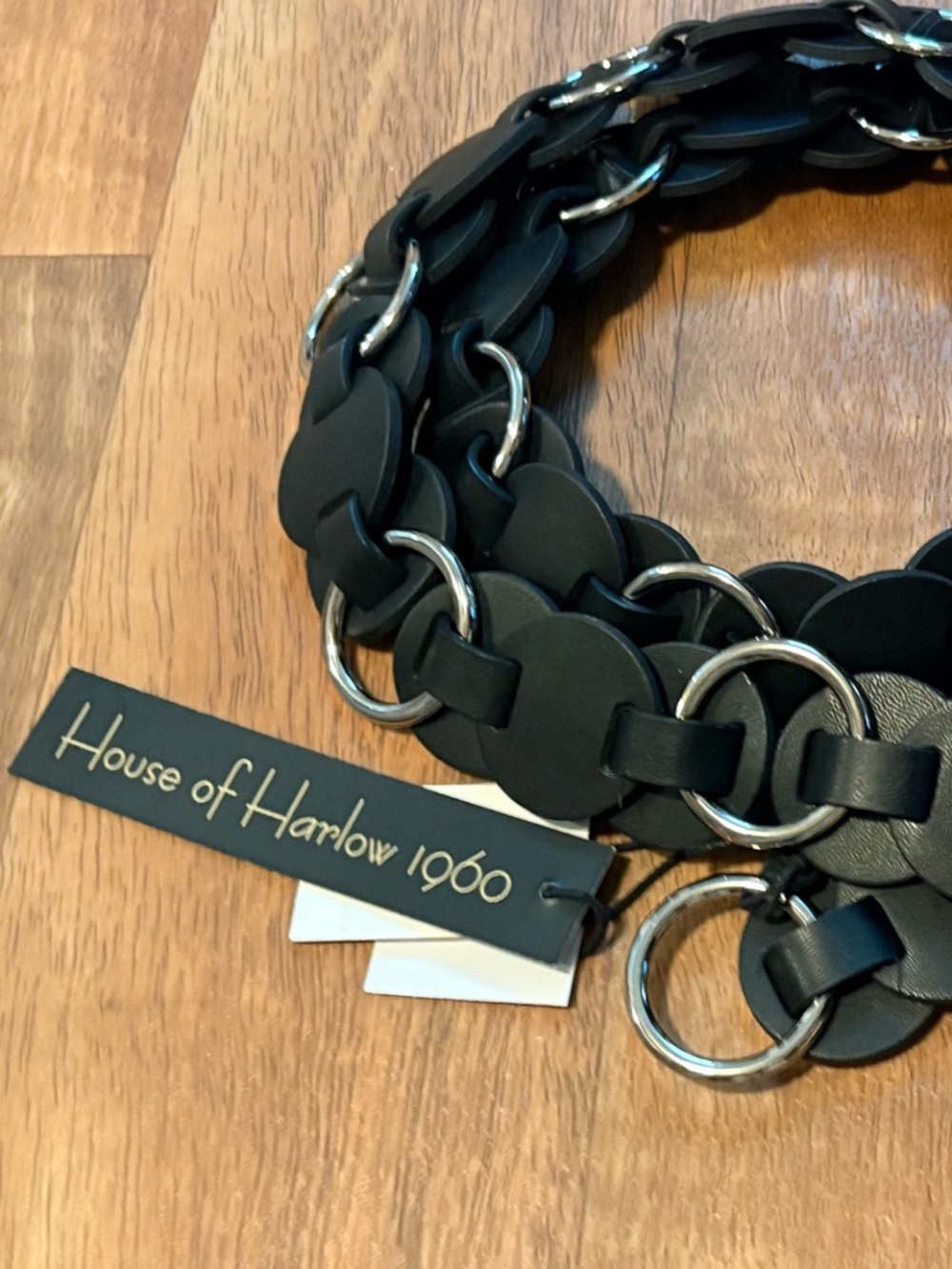 NWT House of Harlow 1960 Black Leather silver Disc Ring Link Belt Boho Size M/L